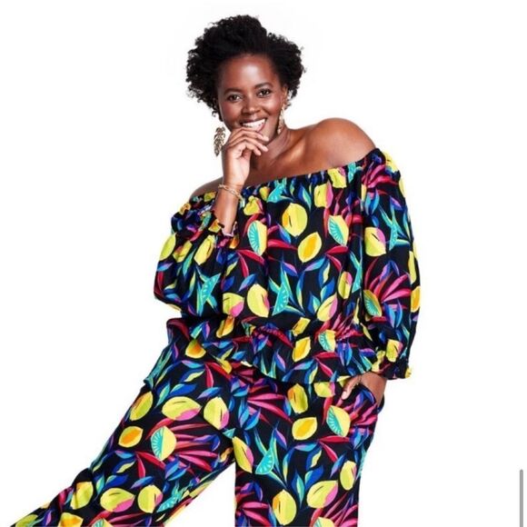 Tabitha Brown for Target NWT 1X Bardot Off the Shoulder Top Lemon Print - Picture 1 of 11